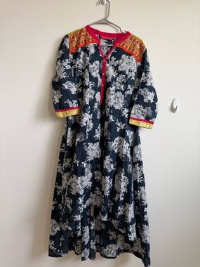 Girls Floral Maxi Dress with Pink Trim
